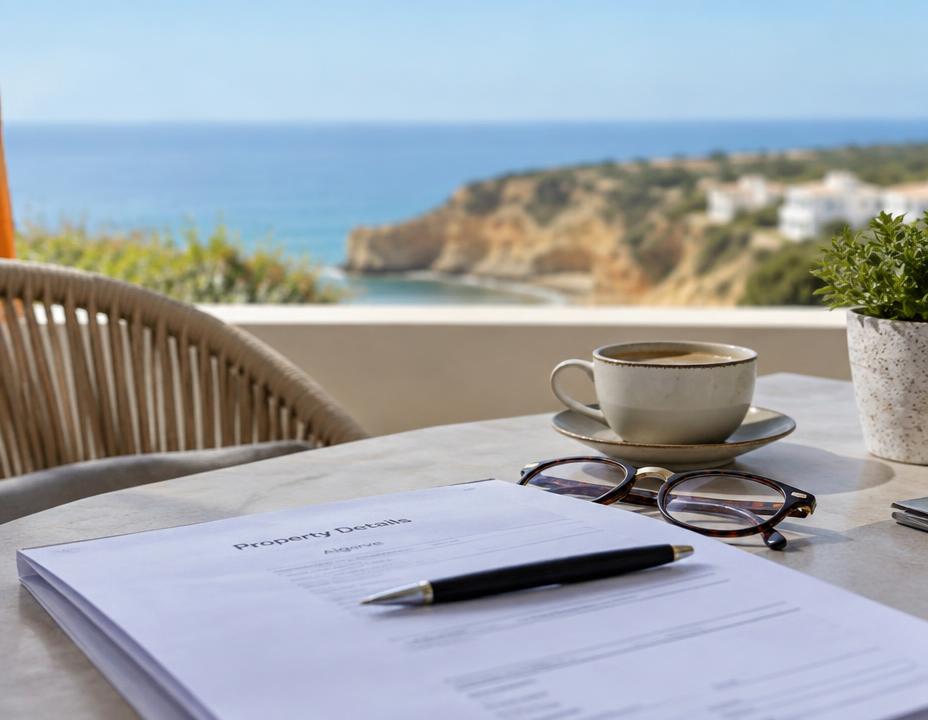 Property documents on a terrace table overlooking the Algarve sea