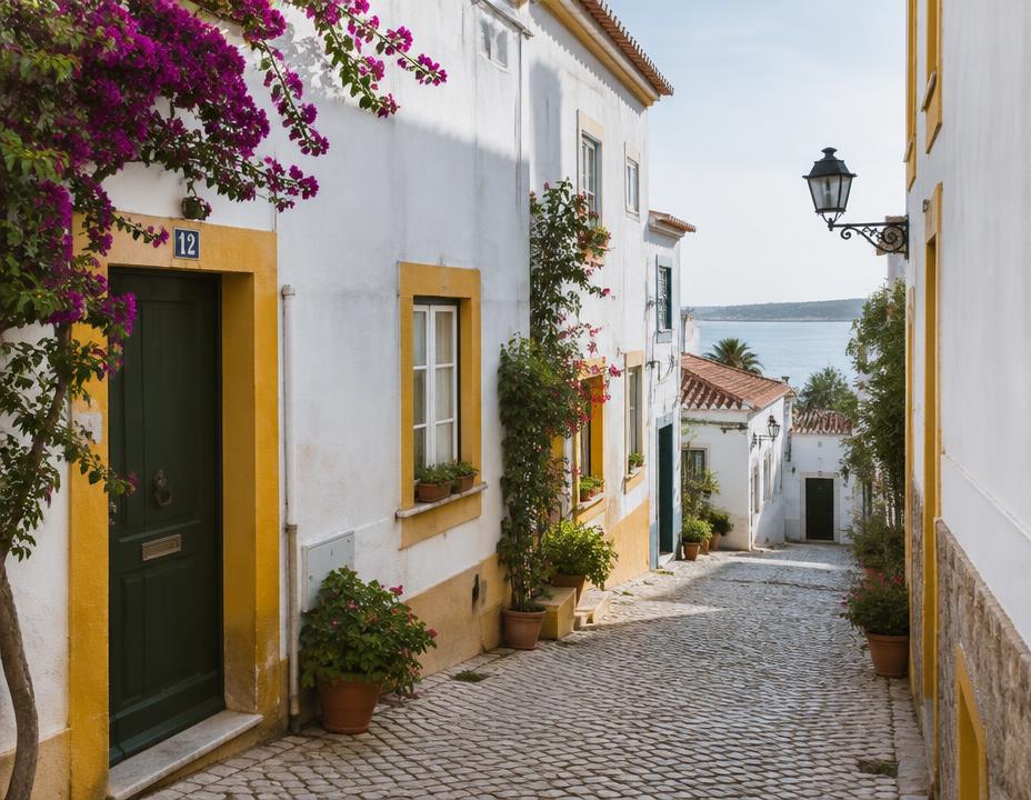 Whitewashed street with yellow door frames in Lagos old town