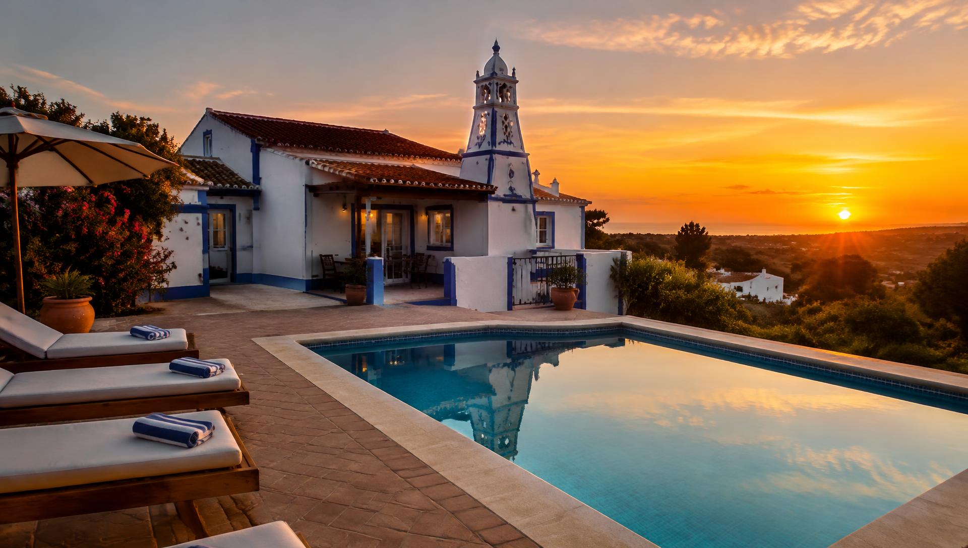Traditional Algarve house with a pool at sunset